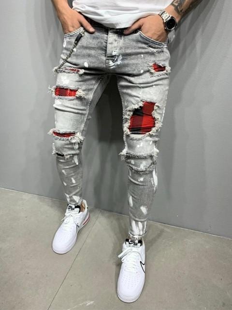 Men Ripped Skinny Zipper Jeans Black Patchwork Biker Pencil Pants Locomotive Denim Pants Streets Hip Hop Draped Jeans Male