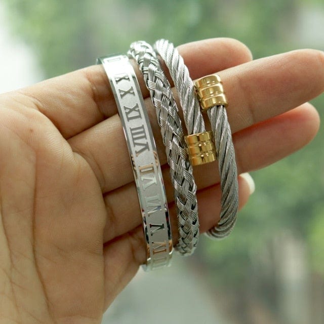 Luxury 3pcs/Set Stainless Steel Bracelet Hip Hop Men Jewelry Roman Number Crown Charm Gold Color Jewelry For Men Pulseira