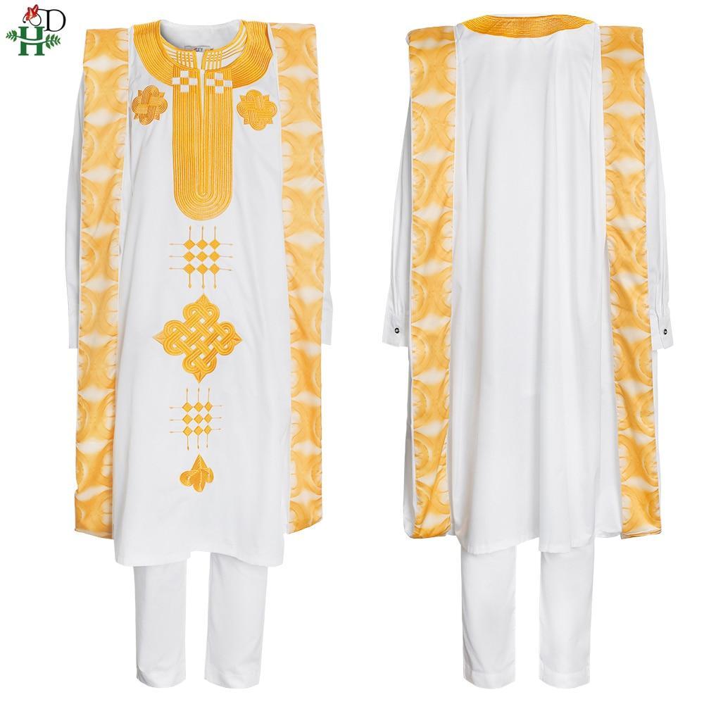 H&D Gold Embroidery White Agbada Men African Traditional Clothes Nigeria Outfit Cover Shirt Pants 3 PCS Suit Muslim Sets PH9088