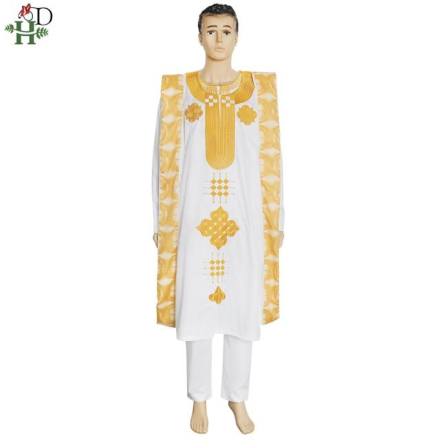 H&D Gold Embroidery White Agbada Men African Traditional Clothes Nigeria Outfit Cover Shirt Pants 3 PCS Suit Muslim Sets PH9088