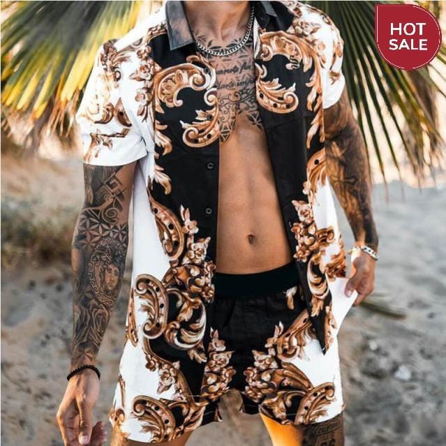 Fashion Hawaiian Print Short Sleeve Shirt Set Men's Beach Coconut Print Shorts Men's Daily Beach Shirt Set Two-piece M-3XL