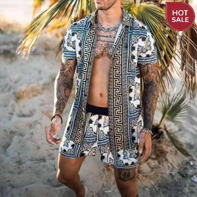 Fashion Hawaiian Print Short Sleeve Shirt Set Men's Beach Coconut Print Shorts Men's Daily Beach Shirt Set Two-piece M-3XL