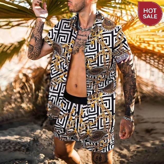 Fashion Hawaiian Print Short Sleeve Shirt Set Men's Beach Coconut Print Shorts Men's Daily Beach Shirt Set Two-piece M-3XL