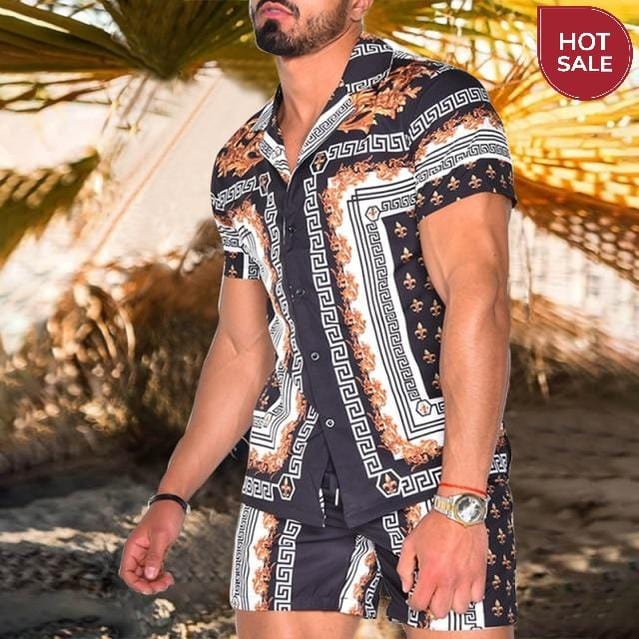 Fashion Hawaiian Print Short Sleeve Shirt Set Men's Beach Coconut Print Shorts Men's Daily Beach Shirt Set Two-piece M-3XL