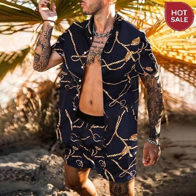 Fashion Hawaiian Print Short Sleeve Shirt Set Men's Beach Coconut Print Shorts Men's Daily Beach Shirt Set Two-piece M-3XL