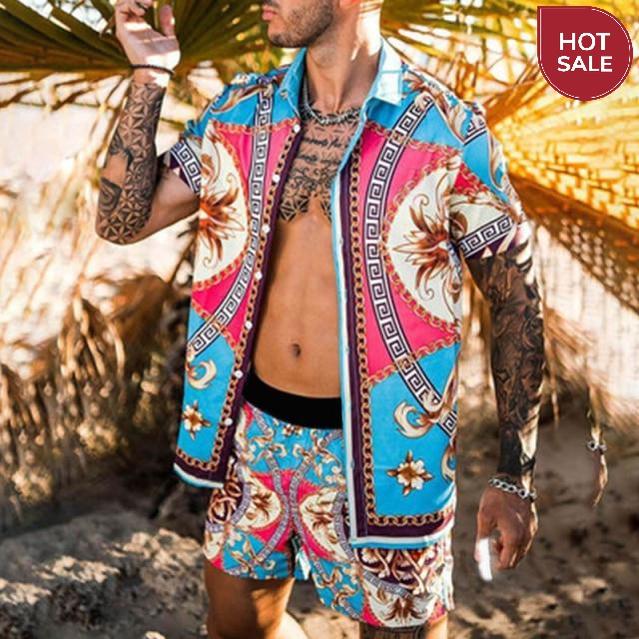 Fashion Hawaiian Print Short Sleeve Shirt Set Men's Beach Coconut Print Shorts Men's Daily Beach Shirt Set Two-piece M-3XL