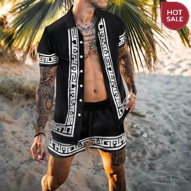 Fashion Hawaiian Print Short Sleeve Shirt Set Men's Beach Coconut Print Shorts Men's Daily Beach Shirt Set Two-piece M-3XL