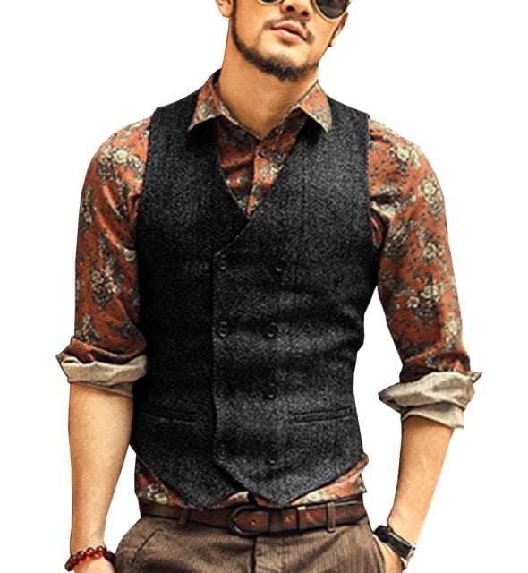 Men Vests Suit Vest Tweed Man Waistcoat Brown Black Groomman Wedding Clothing Jacket Victorian Style Steampunk Business 2021