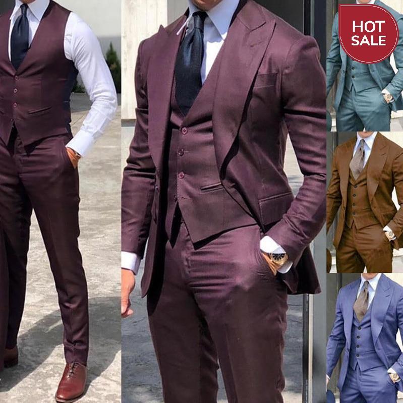 2021 Brown Classic Men Suit 3 Pieces Tuxedo Peak Lapel Groomsmen Wedding Suits Set Fashion Men Business Blazer Jacket+Pants+Vest