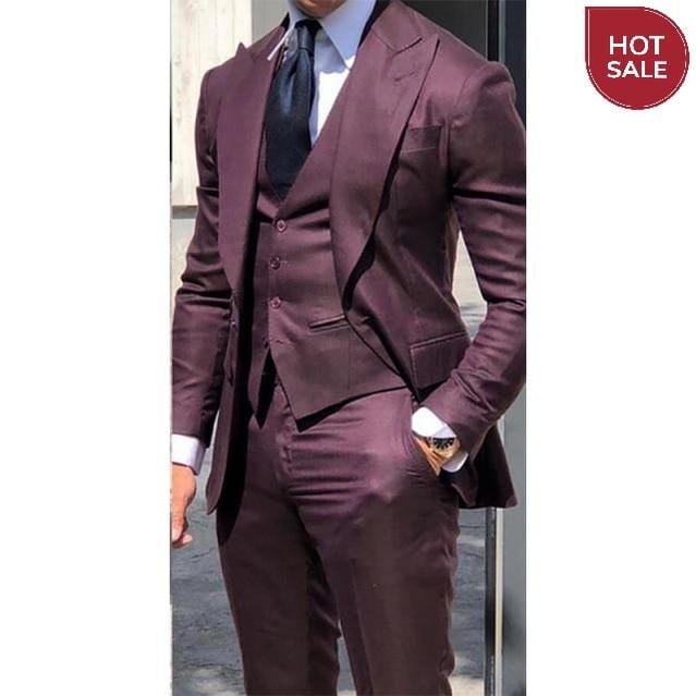 2021 Brown Classic Men Suit 3 Pieces Tuxedo Peak Lapel Groomsmen Wedding Suits Set Fashion Men Business Blazer Jacket+Pants+Vest