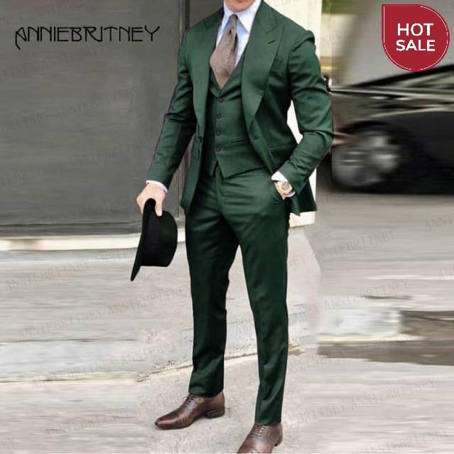 2021 Brown Classic Men Suit 3 Pieces Tuxedo Peak Lapel Groomsmen Wedding Suits Set Fashion Men Business Blazer Jacket+Pants+Vest