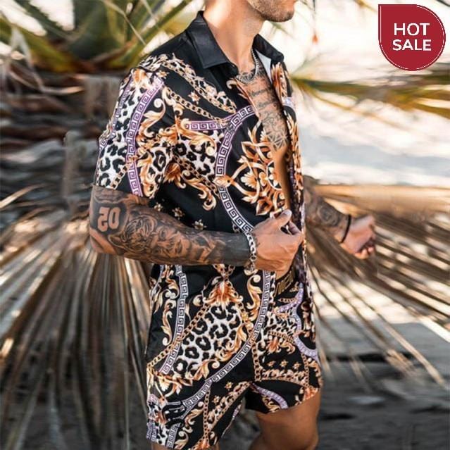 Fashion Hawaiian Print Short Sleeve Shirt Set Men's Beach Coconut Print Shorts Men's Daily Beach Shirt Set Two-piece M-3XL