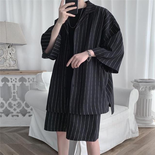 2021 Summer Men Set Shirts and Shorts Lightweight Letter Striped Half Sleeve Knee-Length Baggy Short Oversize Suit Clothing Man