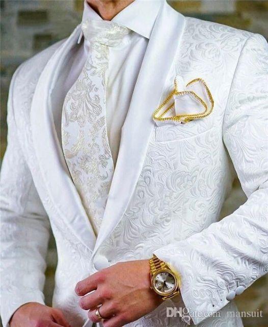 2021 Custom size Jacquard Groomsmen white Groom Tuxedos Shawl Lapel Men Suits Wedding Prom Best Man Blazer Jacket with Pants Set