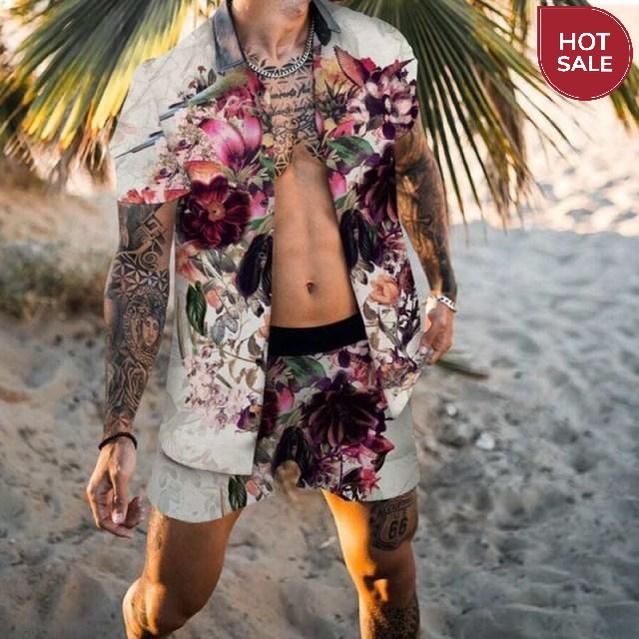 Fashion Hawaiian Print Short Sleeve Shirt Set Men's Beach Coconut Print Shorts Men's Daily Beach Shirt Set Two-piece M-3XL