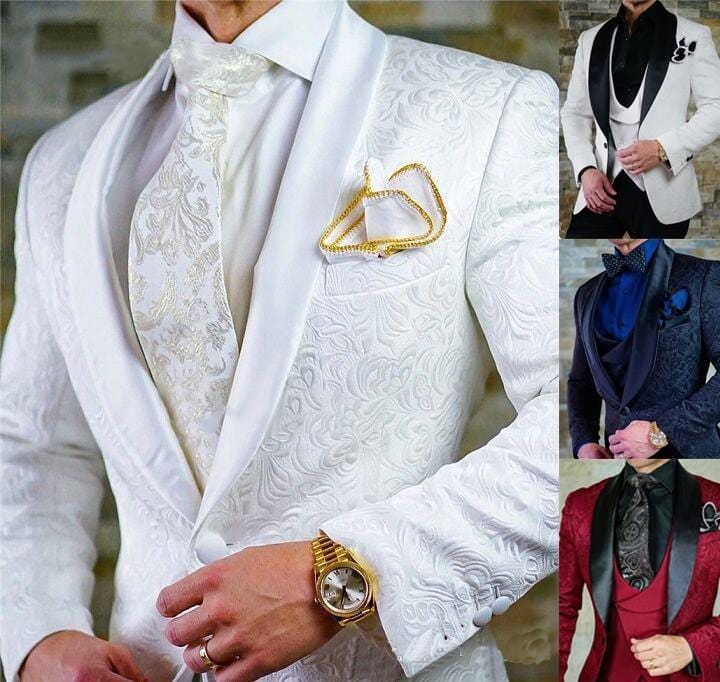 2021 Dimensiune personalizată Jacquard Groomsmen alb Mire Smoking șal rever Costume bărbați nunta bal cel mai bun bărbat blazer jachetă cu pantaloni set