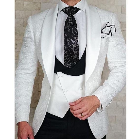 2021 Dimensiune personalizată Jacquard Groomsmen alb Mire Smoking șal rever Costume bărbați nunta bal cel mai bun bărbat blazer jachetă cu pantaloni set