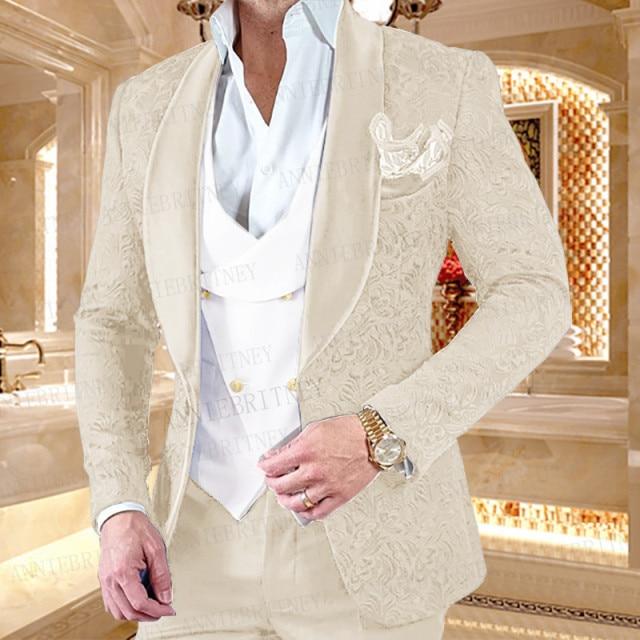 2021 Custom size Jacquard Groomsmen white Groom Tuxedos Shawl Lapel Men Suits Wedding Prom Best Man Blazer Jacket with Pants Set