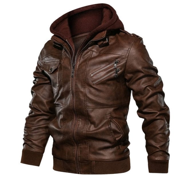 New autumn winter men&#39;s leather motorcycle jacket PU leather hooded jacket warm baseball jacket Euro Size coat