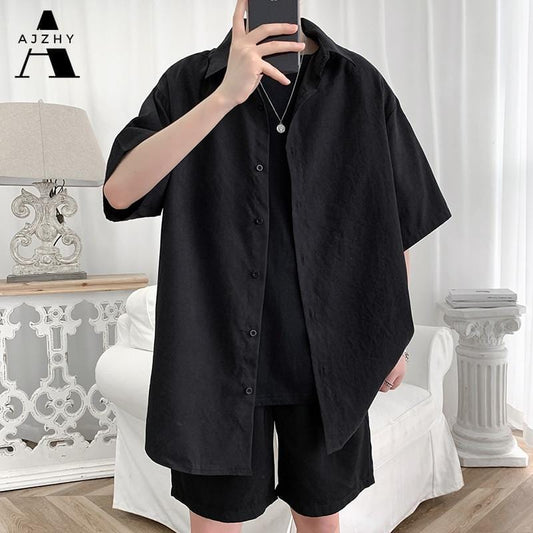 Streetwear Shirt Men Solid Cotton Plus Size Short Sleeve Shirts Loose Summer Fashion Casual Korean Shirt Mens Tops Clothes 2021