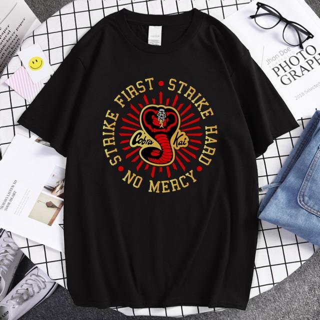 Cobra Kai T Shirt Men Strike First Strike Hard No Mercy Tshirt Shirts QualitySummer Top Tshirts Short Sleeves Tees Black T-Shirt