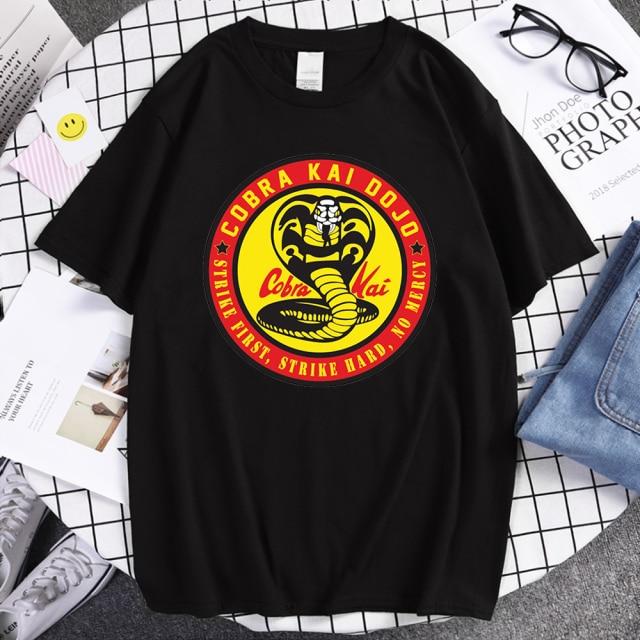 Cobra Kai T Shirt Men Strike First Strike Hard No Mercy Tshirt Shirts QualitySummer Top Tshirts Short Sleeves Tees Black T-Shirt