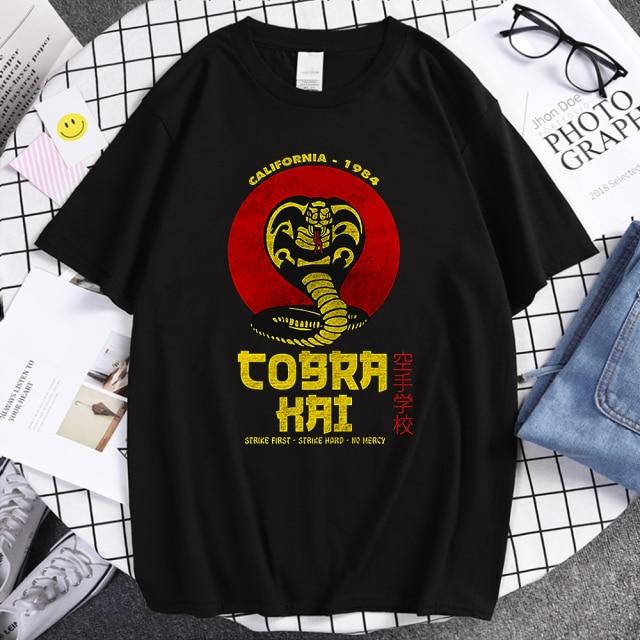 Cobra Kai T Shirt Men Strike First Strike Hard No Mercy Tshirt Shirts QualitySummer Top Tshirts Short Sleeves Tees Black T-Shirt