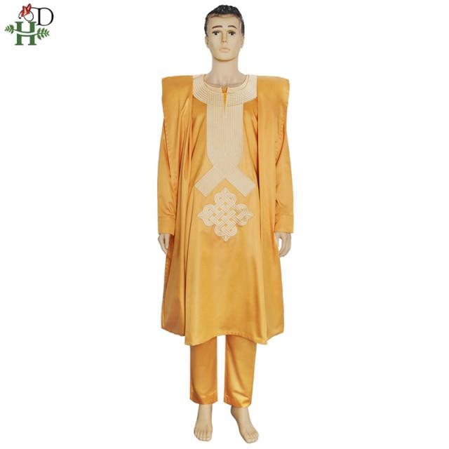 H&D African Men Dashiki White Clothes 3 PCS Agbada Suit Robe Shirt Pants Set Shiny Embroidered Party Attire Boubou Homme PH9096