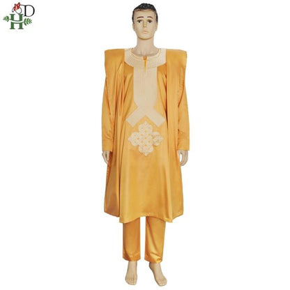 H&D African Men Dashiki White Clothes 3 PCS Agbada Suit Robe Shirt Pants Set Shiny Embroidered Party Attire Boubou Homme PH9096