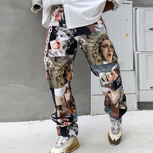 Men Pants Spring/Autumn Streetwear Printed Pants Straight Loose Mid Waist Casual Trousers Men Fashion Full Length Pants