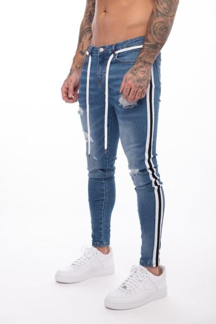 24 Styles Skinny ripped jeans men Pants Pencil Biker Side Striped Jeans Destroyed Hole Hip Hop Slim Fit Man Stretchy Jean Print