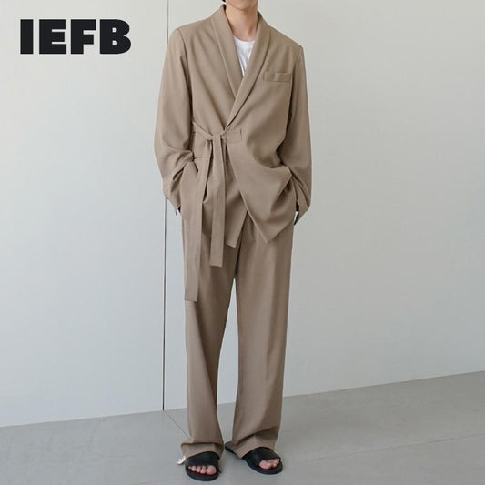 IEFB Korean Trend Men's Cotton Suit Coat Loose Casual Bandage Belt Blazers 2021 New Spring Autumn Blazer Khaki Men's Clothing