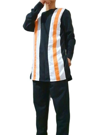 O-Neck Shirts Man Orange/White Cloth Strip Patchwork Tops And Solid Black Trousers Tailor-Made African Fashion Men's Pant Sets
