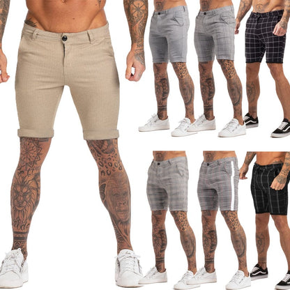 Men's Shorts Homme Summer Elastic Waist Plaid Short Skinny Fit Fashion Brand Fitness Shorts for Men Casual Stretchy Chinos