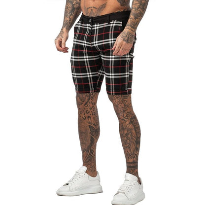 Men's Shorts Homme Summer Elastic Waist Plaid Short Skinny Fit Fashion Brand Fitness Shorts for Men Casual Stretchy Chinos