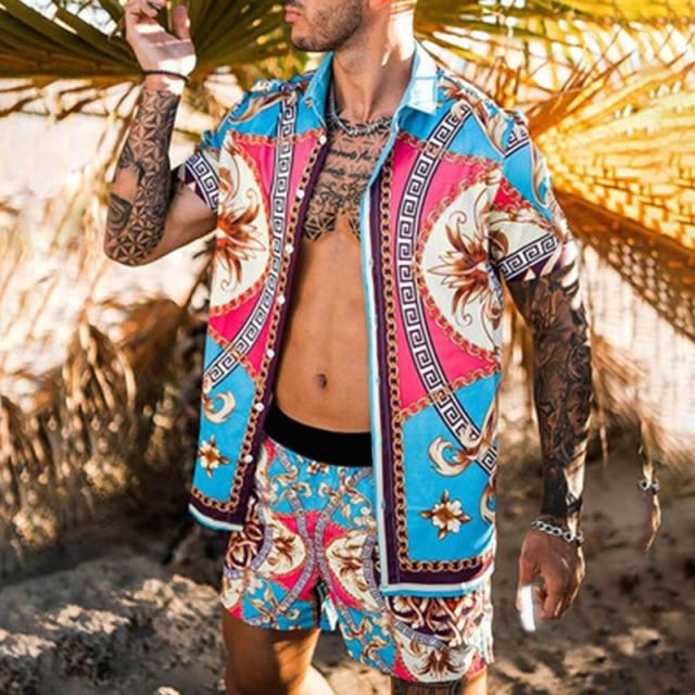 Hawaiian Set Mens Printing Set Short Sleeve Summer Casual Floral Shirt Beach Two Piece Suit 2021 New Fashion Men Sets M-3XL