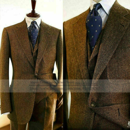 Tuxedo Terno Brown Herringbone Tweed 3 Pieces Mens Blazer With Pant Single Breasted Male Fashional Notch Lapel Wedding Suit