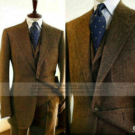 Tuxedo Terno Brown Herringbone Tweed 3 Pieces Mens Blazer With Pant Single Breasted Male Fashional Notch Lapel Wedding Suit 2021