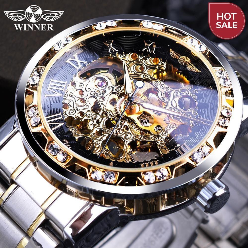 Winner Transparent Fashion Diamond Luminous Gear Movement Royal Design Men Top Brand Luxury Male Mechanical Skeleton Wrist Watch