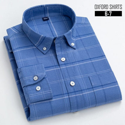 S- 6XL Oxford Shirts For Mens Long Sleeve Cotton Casual Dress Shirts Male Solid Plaid Chest Pocket Regular-Fit Man Social Shirt