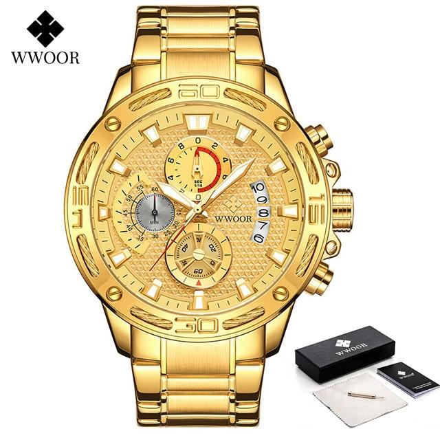 WWOOR 2021 New Men Watches Top Brand Luxury Gold Stainless Steel Quartz Watch Men Waterproof Sport Chronograph