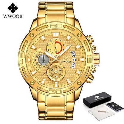 WWOOR 2021 New Men Watches Top Brand Luxury Gold Stainless Steel Quartz Watch Men Waterproof Sport Chronograph