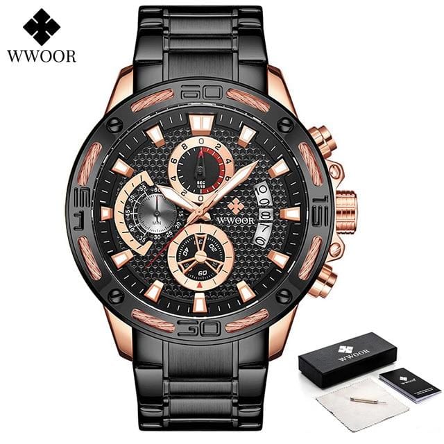 WWOOR 2021 New Men Watches Top Brand Luxury Gold Stainless Steel Quartz Watch Men Waterproof Sport Chronograph