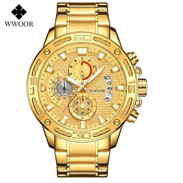 WWOOR 2021 New Men Watches Top Brand Luxury Gold Stainless Steel Quartz Watch Men Waterproof Sport Chronograph