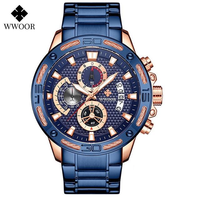 WWOOR 2021 New Men Watches Top Brand Luxury Gold Stainless Steel Quartz Watch Men Waterproof Sport Chronograph