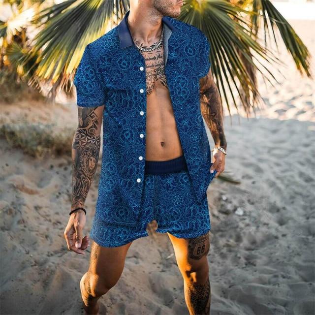 Hawaiian Set Mens Printing Set Short Sleeve Summer Casual Floral Shirt Beach Two Piece Suit 2021 New Fashion Men Sets M-3XL