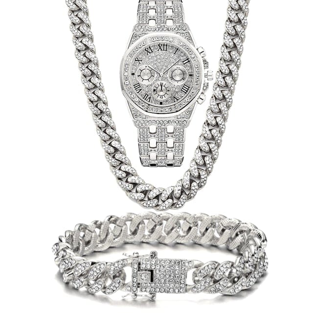 Ceas de lux Iced Out pentru bărbați, femei, hip hop, Miami, Bling, CZ, lanț cubanez, colier mare cu lanț de aur, pavat cu strasuri, set de bijuterii pentru bărbați