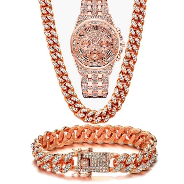 Ceas de lux Iced Out pentru bărbați, femei, hip hop, Miami, Bling, CZ, lanț cubanez, colier mare cu lanț de aur, pavat cu strasuri, set de bijuterii pentru bărbați