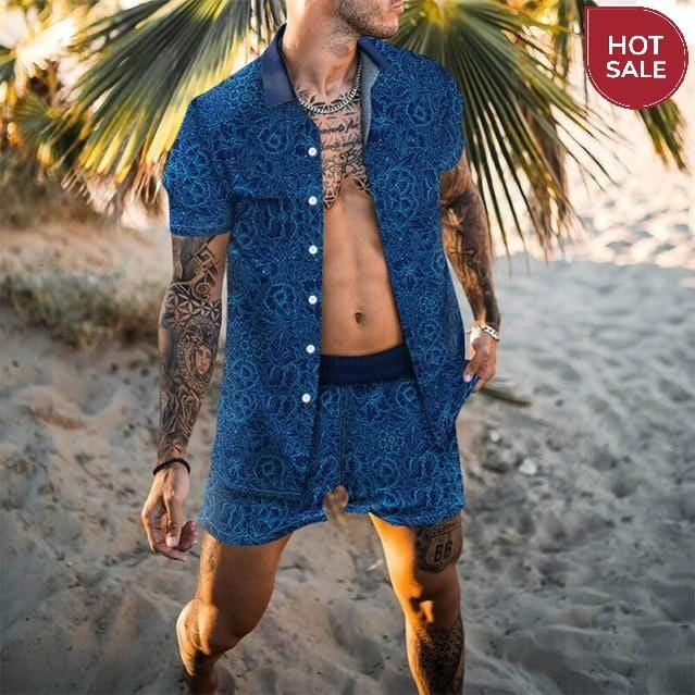 Fashion Hawaiian Print Short Sleeve Shirt Set Men's Beach Coconut Print Shorts Men's Daily Beach Shirt Set Two-piece M-3XL