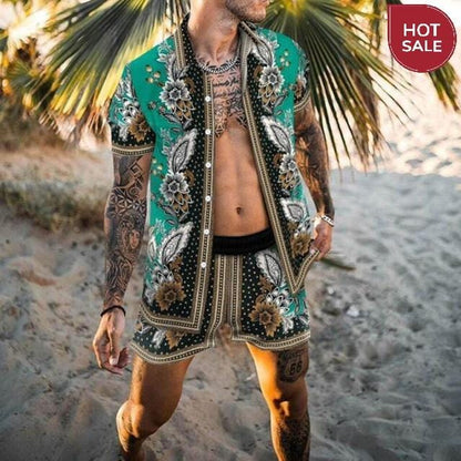 Fashion Hawaiian Print Short Sleeve Shirt Set Men's Beach Coconut Print Shorts Men's Daily Beach Shirt Set Two-piece M-3XL